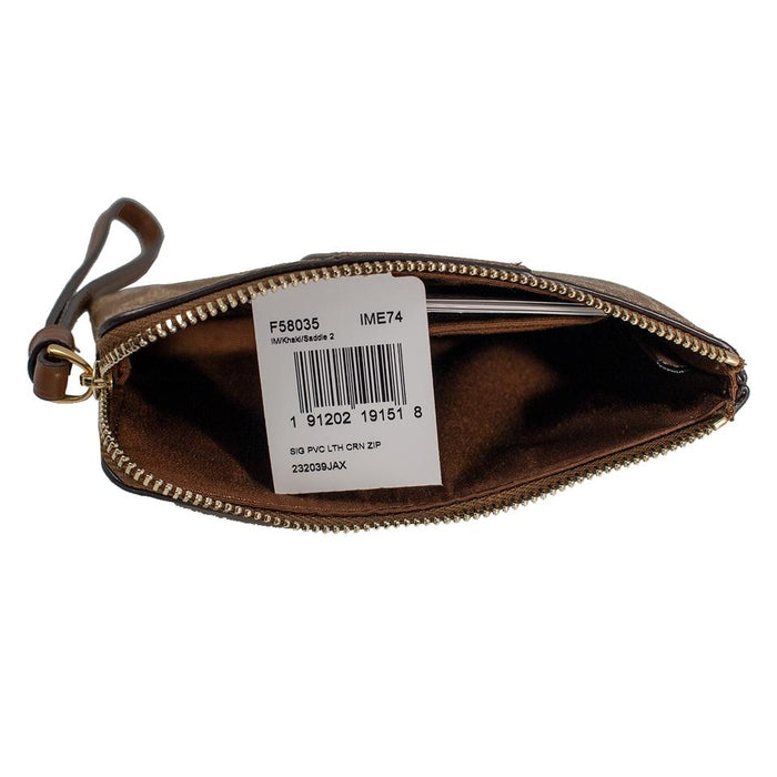 COACH SIGNATURE PVC LEATHER CORNER ZIP WRISTLET, Medium, Khaki/Saddle F58035