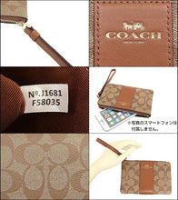 Load image into Gallery viewer, COACH SIGNATURE PVC LEATHER CORNER ZIP WRISTLET, Medium, Khaki/Saddle F58035
