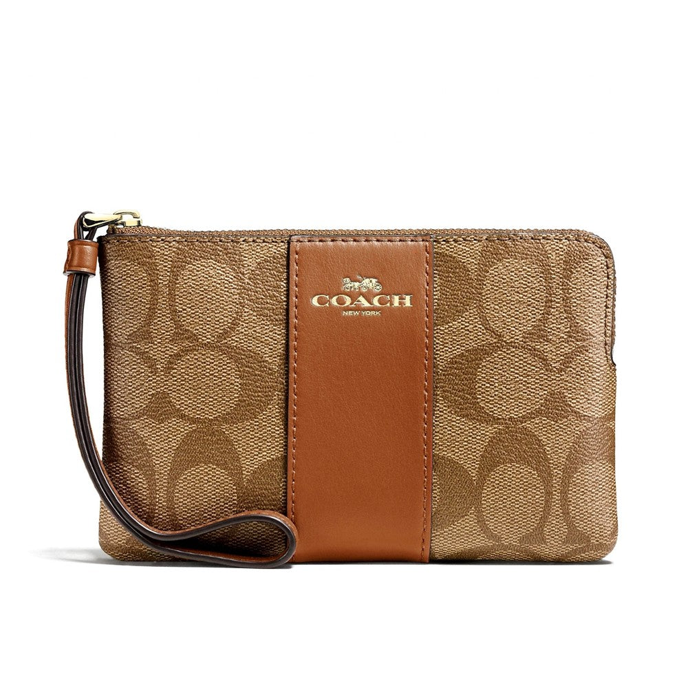 COACH SIGNATURE PVC LEATHER CORNER ZIP WRISTLET, Medium, Khaki/Saddle F58035