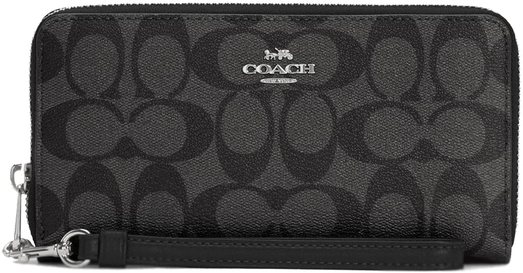 Coach Women's Long Zip Around Wallet In Signature Canvas, Black Smoke - Black, Zippered Wallet